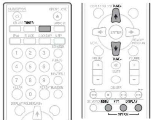 STANDBYON OPEN/CLOSE CD USB TUNER AUDIO IN IPsd STUDIO CLOOTHER SLEEP EXAMUER 1 2 3 P.BASS 4 5 6 BASITREBE 7 8 9 CLEAR REPEAT RANDOM 0 DISPLAY FOLDERUNE+ DISPLAY FOLDER TUNE+ ENTER MENU MEMORY PROGRAM TUNE- VOLUME + MUTE - DIMMER ST/MONO AOSBI PTY DISPLAY OPTION