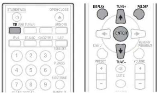 STANDBYION OPENCLOSE CD USB TUNER AUDIO IN iPod BT AUDIO CLOCKTIME SLEEP SQUADZEN 1 2 3 P.BASS 4 5 6 BASSTREBLE 7 8 9 CLEAR REPEAT RANDOM DISPLAY TUNE+ FOLDER ENTER MENU MEMORY/ PROGRAM Preset TUNE- VOLUME + MUTE + - -
