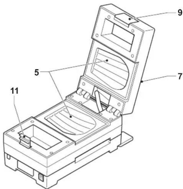 Technical diagram of a device with numbered parts labeled 5, 7, 9, and 11