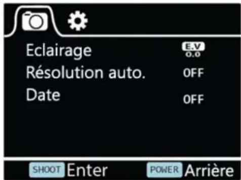 Eclairage Résolution auto. Date E.V 0.0 OFF OFF SHOOT Enter POWER Arrière