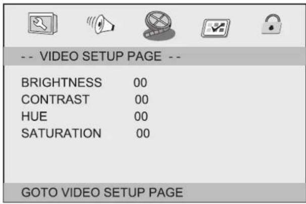 -- VIDEO SETUP PAGE -- BRIGHTNESS 00 CONTRAST 00 HUE 00 SATURATION 00 GOTO VIDEO SETUP PAGE