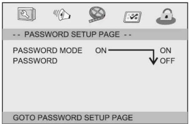 -- PASSWORD SETUP PAGE -- PASSWORD MODE ON PASSWORD OFF GOTO PASSWORD SETUP PAGE