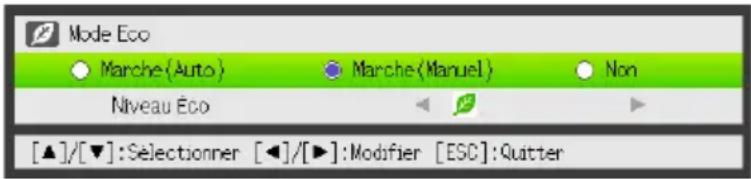 Mode Eco Marche(Auto) Marche(Manuel) Non Niveau Eco [▲]/[▼]:Selectionner [◀]/[▶]:Modifier [ESC]:Quitter