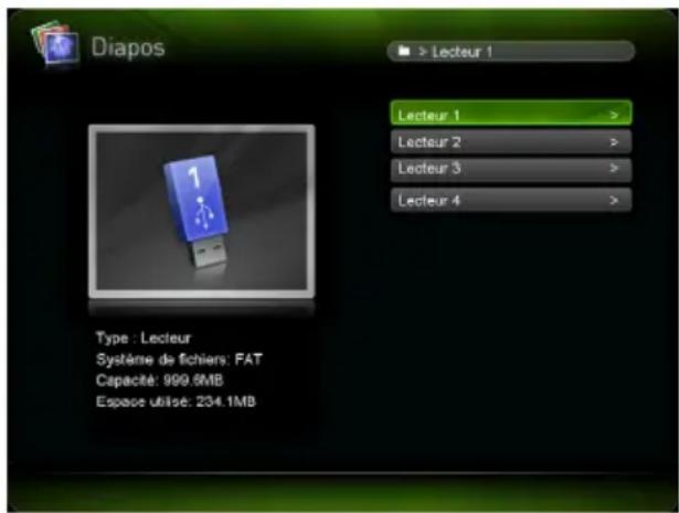 Diapos Type : Lecteur Système de fichiers: FAT Capacité: 999.6MB Espace utilise: 234.1MB Lecteur 1 > Lecteur 2 > Lecteur 3 > Lecteur 4 >