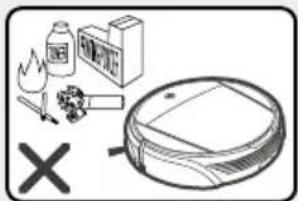 Diagram showing a vacuum cleaner with chemical symbols and a cross mark, likely illustrating a chemical or hazardous process.