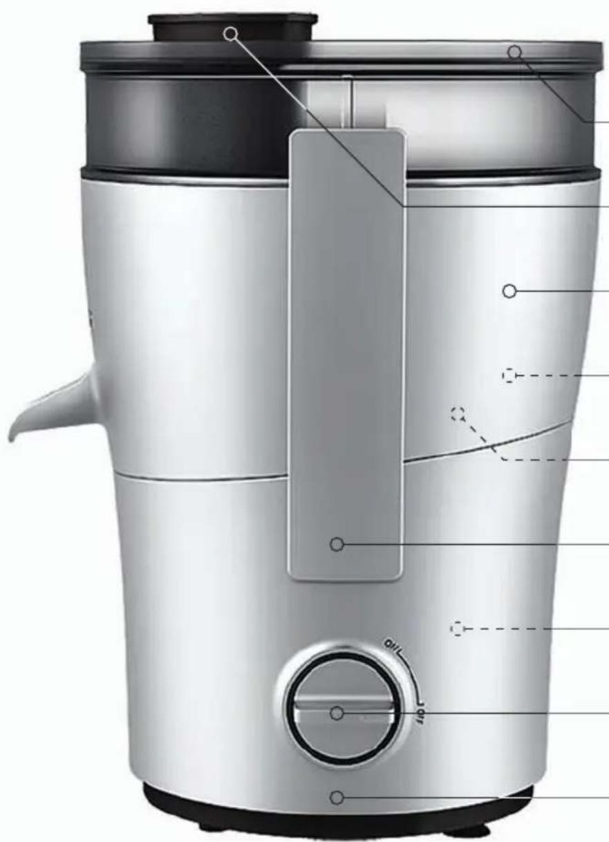 Technical diagram of a modern coffee maker with labeled parts and control knob