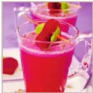 Two glasses of pink beverage with a strawberry garnish, set against a purple background (no text or symbols visible)