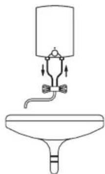 Simple line drawing of a water dispenser with a funnel and valve (no text or symbols)