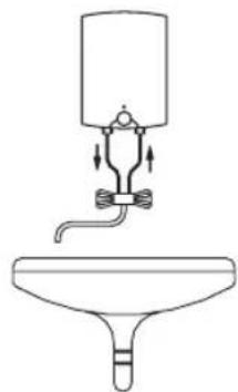 Simple line drawing of a funnel with a water dispenser and valve (no text or symbols)