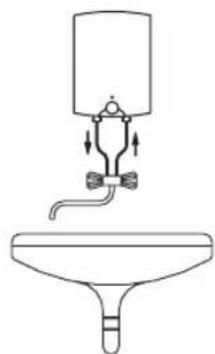 Simple line drawing of a funnel with a water dispenser and valve, no text or symbols present