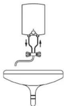 Simple line drawing of a faucet with a water dispenser and inlet/outlet arrows (no text or symbols)