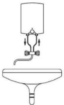 Simple line drawing of a funnel with a water dispenser and valve, no text or symbols present