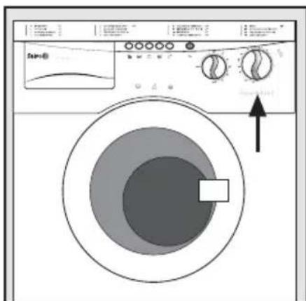 Diagram of a washing machine with labeled control panel and indicator lights, showing concentric circles and a hanging arrow.