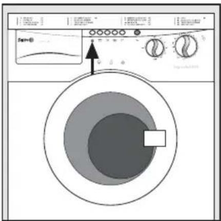 Diagram of a washing machine with control panel and indicator screen showing fan symbol and directional arrow