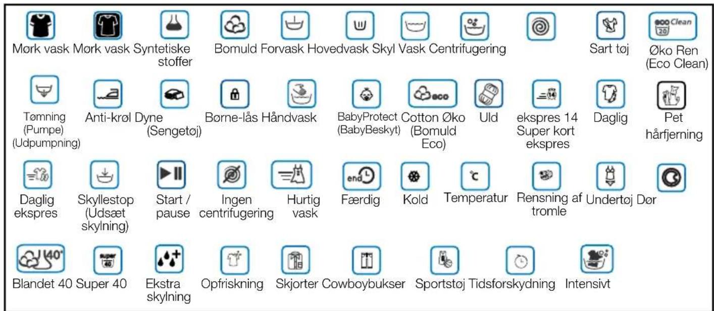 Mørk vask Mørk vask Syntetiske stoffer Bomuld Forvask Hovedvask Skyl Vask Centrifugering Sart tøj Øko Ren (Eco Clean) Tømning (Pumpe) Anti-krøl Dyne (Sengetøj) Børne-lås Håndvask BabyProtect Cotton Øko (Bomuld Eco) Uld ekspres 14 Super kort ekspres Daglig Pet hårfjerning Daglig ekspres Skyllestop (Udsæt skylning) Start / pause Ingen centrifugering Hurtig vask Færdig Kold Temperatur Rensning af tromle Undertoj Dør Blandet 40 Super 40 Ekstra skylning Opfriskning Skjorter Cowboybukser Sportstøj Tidsforskydning Intensivt