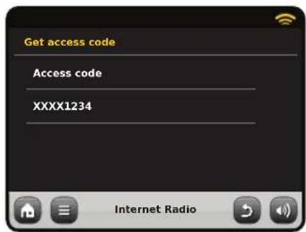 Get access code Access code XXXX1234 Internet Radio