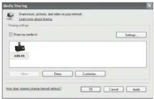 Media Sharing Share music, pictures, and video on your network. Learn more about sharing Sharing settings Share my media to: Settings... AXS XS Alba Dery Customize... How does share change firewall settings? OK Cancel Apply