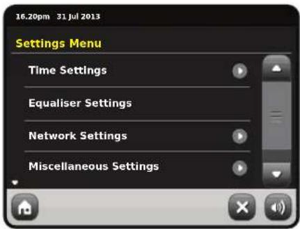 16.20pm 31 Jul 2013 Settings Menu Time Settings Equaliser Settings Network Settings Miscellaneous Settings