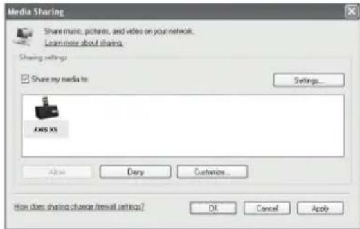 Media Sharing Share music, pictures, and videos on your network. Learn more about sharing Sharing settings Share my media to: Settings... AWS XS Apply Deny Customize... How does sharing change firewall settings? OK Cancel Apply