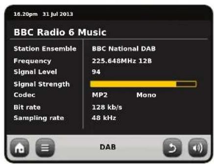 10.20pm 31 Jul 2013 BBC Radio 6 Music Station Ensemble Frequency Signal Level Signal Strength Codec Bit rate Sampling rate BBC National DAB 225.648MHz 12B 94 MP2 Mono 128 kb/s 48 kHz DAB