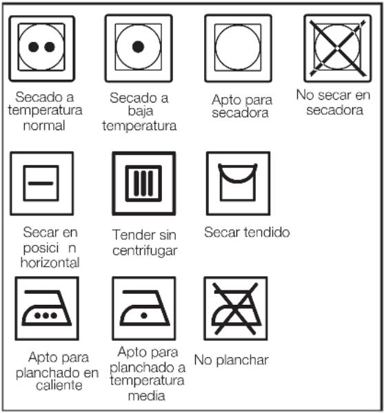 Secado a temperatura normal Secado a baja temperatura Apto para secadora No secar en secadora Secar en posici n horizontal Tender sin centrifugar Secar tendido Apto para planchado en caliente Apto para planchado a temperatura media No planchar