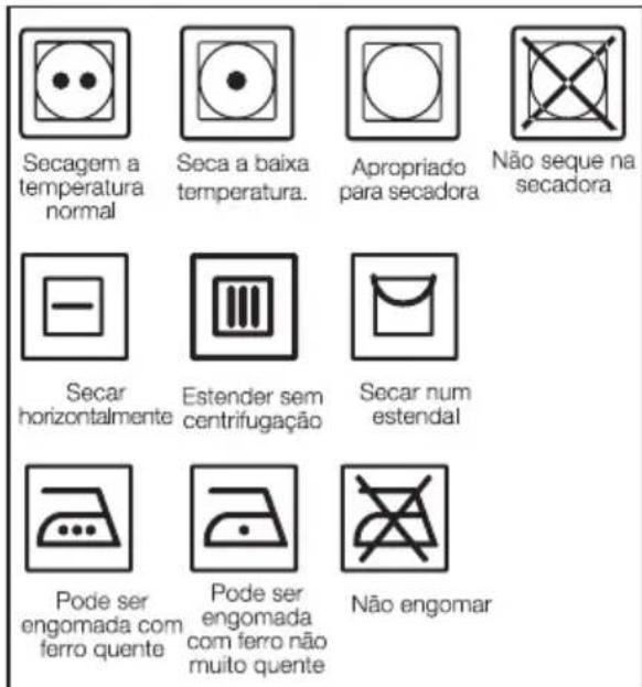 Secagem a temperatura normal Seca a baixa temperatura. Apropriado para secadora Não seque na secadora Secar horizontalmente Estender sem centrificação Secar num estendal Pode ser engomada com ferro quente Pode ser engomada com ferro não muito quente Não engomar