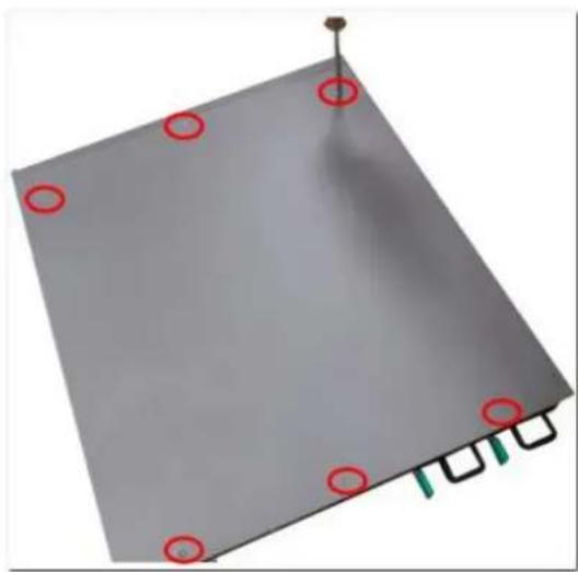 3D rendering of a gray rectangular plate with red circular markers and a black outline, no text or symbols present.