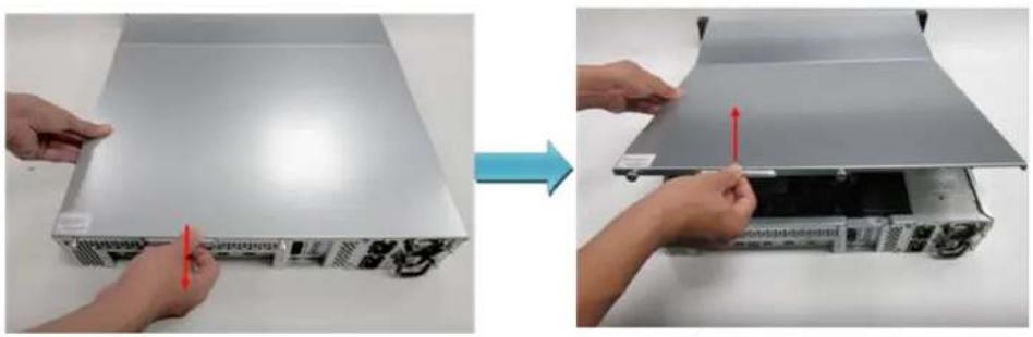 Two-step photo showing hands installing a server rack component, one with red arrows indicating the change (no text or symbols visible)