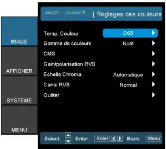 IMAGE | AVANCÉ | Réglages des couleurs Température de couleur : D65 Gamme de couleurs : Natif CMS Gain/polarisation RVB Échelle chromatique : Automatique Canal RVB : Normal Quitter Select : Entrée, Entrée : Valider, Retour : Menu AFFICHER SYSTÈME MENU
