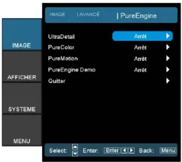 IMAGE | AVANCÉ | PureEngine UltraDetail : Arrêt PureColor : Arrêt PureMotion : Arrêt PureEngine Demo : Arrêt Quitter Select : Entrée, Entrée : Valider, Retour : Menu AFFICHER SYSTÈME MENU
