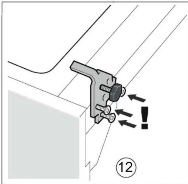 Diagram showing a mechanical clamp or bracket assembly with directional arrows and a circled number 12, likely indicating a warning or instruction.