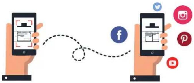 Illustration showing two smartphones with social media icons (Facebook, Twitter, Instagram, Pinterest, YouTube) connected by a dashed line, suggesting a messaging or interaction between devices.