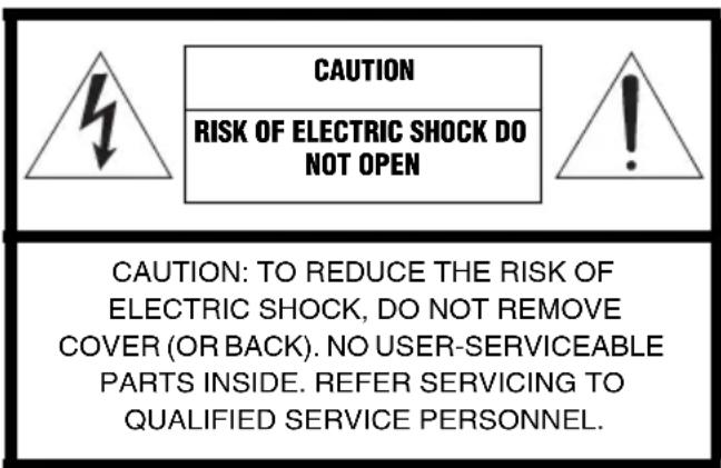 CAUTION RISK OF ELECTRIC SHOCK DO NOT OPEN CAUTION: TO REDUCE THE RISK OF ELECTRIC SHOCK, DO NOT REMOVE COVER (OR BACK). NO USER-SERVICEABLE PARTS INSIDE. REFER SERVICING TO QUALIFIED SERVICE PERSONNEL.