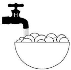 Simple line drawing of a faucet pouring liquid into a bowl filled with eggs (no text or symbols).