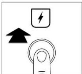 Diagram showing a finger pressing a button with an upward arrow and a lightning bolt symbol, likely indicating a warning or alert mechanism.