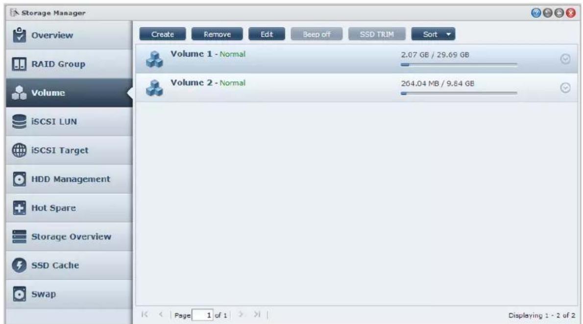 Storage Manager Overview RAID Group Volume iSCSI LUN iSCSI Target HDD Management Hot Spare Storage Overview SSD Cache Swap Create Remove Edit Beep off SSD TRIM Sort Volume 1 - Normal 2.07 GB / 29.69 GB Volume 2 - Normal 264.04 MB / 9.84 GB << Page 1 of 1 > > | Displaying 1 - 2 of 2