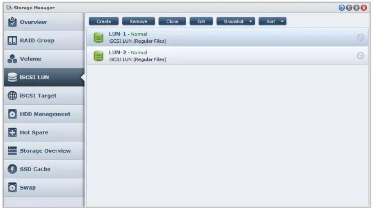 Storage Manager Overview RAID Group Volume iSCSI LUN iSCSI Target HDD Management Hot Spare Storage Overview SSD Cache Swap Create Remove Clone Edit Snapshot Sort LUN-1 - Normal iSCSI LUN (Regular Files) LUN-2 - Normal iSCSI LUN (Regular Files)