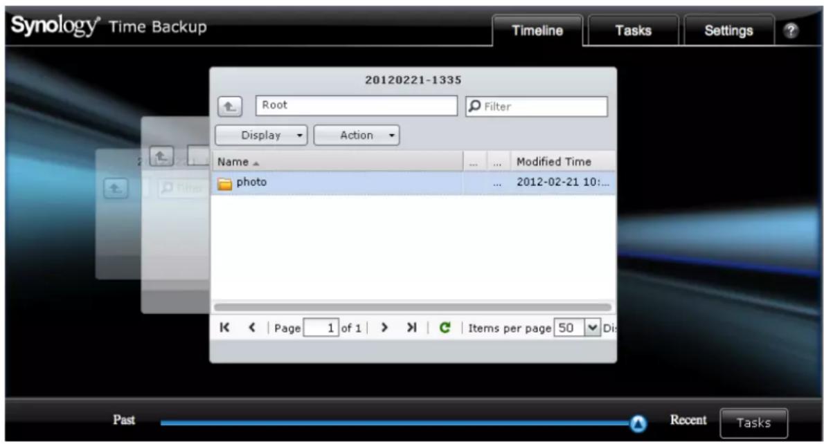 Synology® Time Backup Timeline Tasks Settings ? 20120221-1335 Root Filter Display Action Name ... Modified Time photo ... 2012-02-21 10:... K | Page 1 of 1 > | C Items per page 50 Dis Past Recent Tasks
