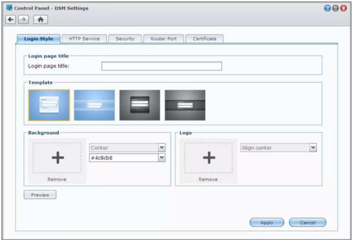 Control Panel - DSM Settings Login Style HTTP Service Security Router Port Certificate Login page title Login page title: Template Background Center #4c8cb8 Remove Logo Align center Remove Preview Apply Cancel