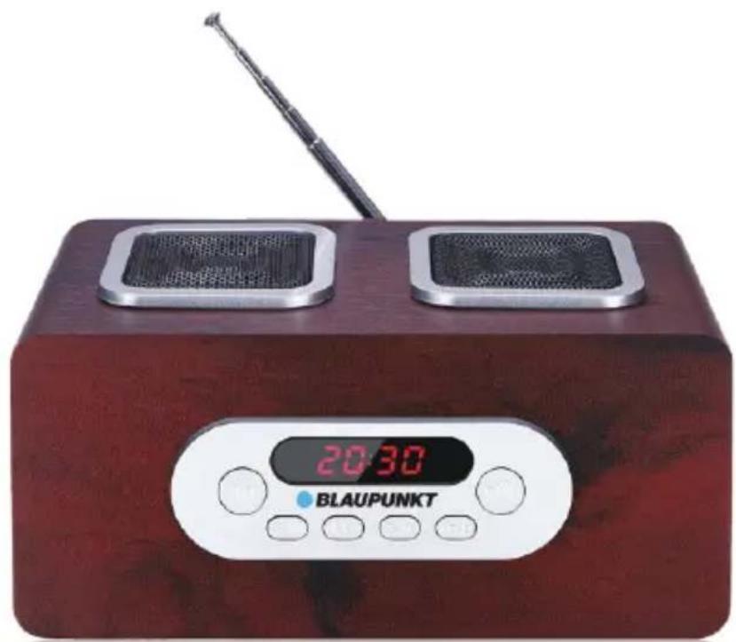Appareil électronique portable rouge avec deux haut-parleurs et un affichage numérique indiquant 20:30 (aucun texte ou symbole lisible au-delà de la marque).