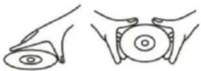 Two line drawings of hands holding circular objects, no text or symbols present.