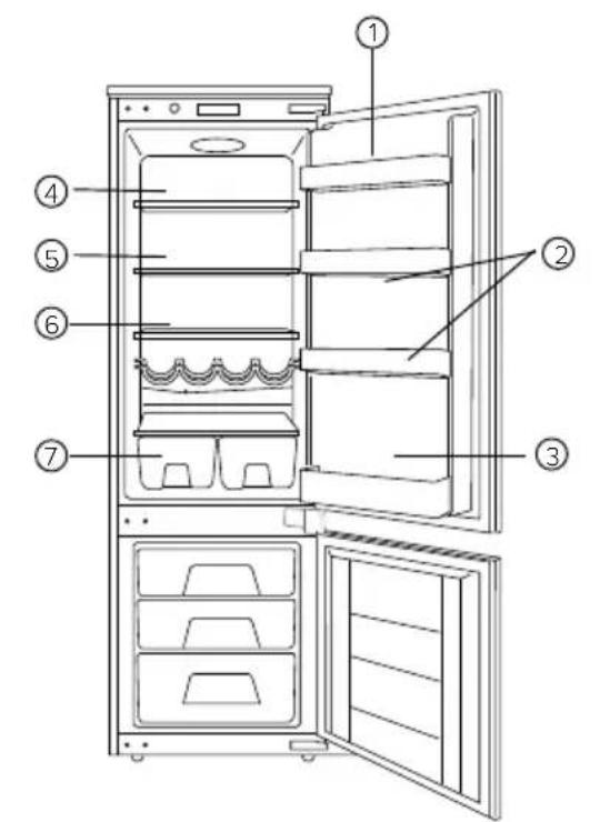 Diagram of an open refrigerator with numbered parts for identification
