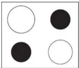 Four circles arranged in a 2x2 grid: two white and two black, with no text or symbols.