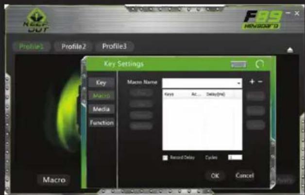 K69 OUT Profile1 Profile2 Profile3 Key Settings Macro Name Keys AC... Delay(min) Record Delay Cycles OK Cancel Macro