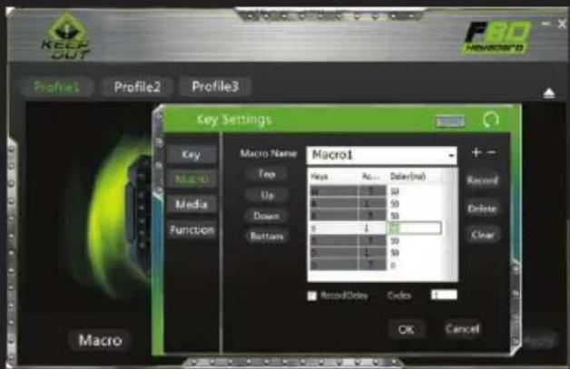KEEP OUT Profile1 Profile2 Profile3 Key Settings Macro Name Macro1 Macro Top Up Down Bottoms Key Ac... Color(Min) 0 5 50 0 5 50 0 5 50 0 1 5 0 5 50 0 5 50 0 5 50 Record/Delay Cycles OK Cancel