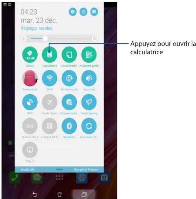 04:23 mar. 23 déc. Réglages rapides 148 MB Boost Calculatrice Quick metro Assistant audit Presubond Wi-Fi Rotation auto Soundline GPS Mobile Xerox Connect mob... Smart Saving Mobile lecture Hotspot Wi-Fi Bluetooth Auto Type JL Play To APPUEZ pour ouvrir la calculatrice HIRE_LUK Chunghua Telecom
