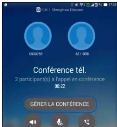SIM 1 Chunghwa Telecom 0939755: 8811908 Conférence tél. 2 participant(s) à l'appel en conférence 00:22 GÉRER LA CONFÉRENCE