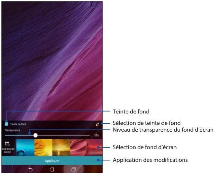 Teinte de fond Sélection de teinte de fond Niveau de transparence du fond d'écran Sélection de fond d'écran Application des modifications Teinte de fond Transparence 35% Appliquer