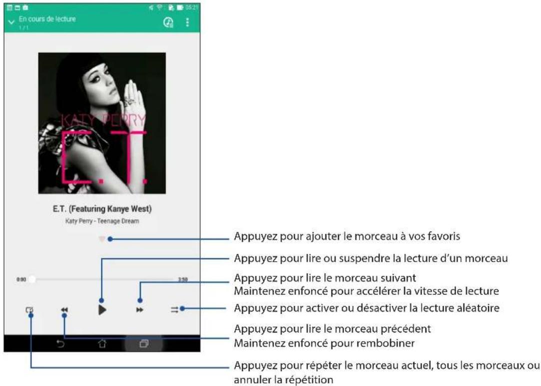 En cours de lecture E.T. (Featuring Kanye West) Katy Perry - Teenage Dream Appuyez pour ajouter le morceau à vos favoris Appuyez pour lire ou suspendre la lecture d'un morceau Appuyez pour lire le morceau suivant Maintenez enfoncé pour accélérer la vitesse de lecture Appuyez pour activer ou désactiver la lecture aléatoire Appuyez pour lire le morceau précédent Maintenez enfoncé pour rembobiner Appuyez pour répéter le morceau actuel, tous les morceaux ou annuler la répétition