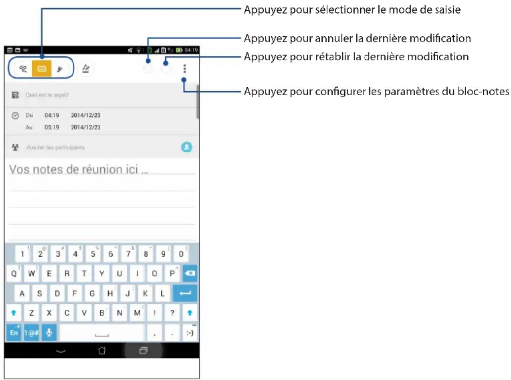 Appuyez pour sélectionner le mode de saisie Appuyez pour annuler la dernière modification Appuyez pour rétablir la dernière modification Appuyez pour configurer les paramètres du bloc-notes Vos notes de réunion ici ...